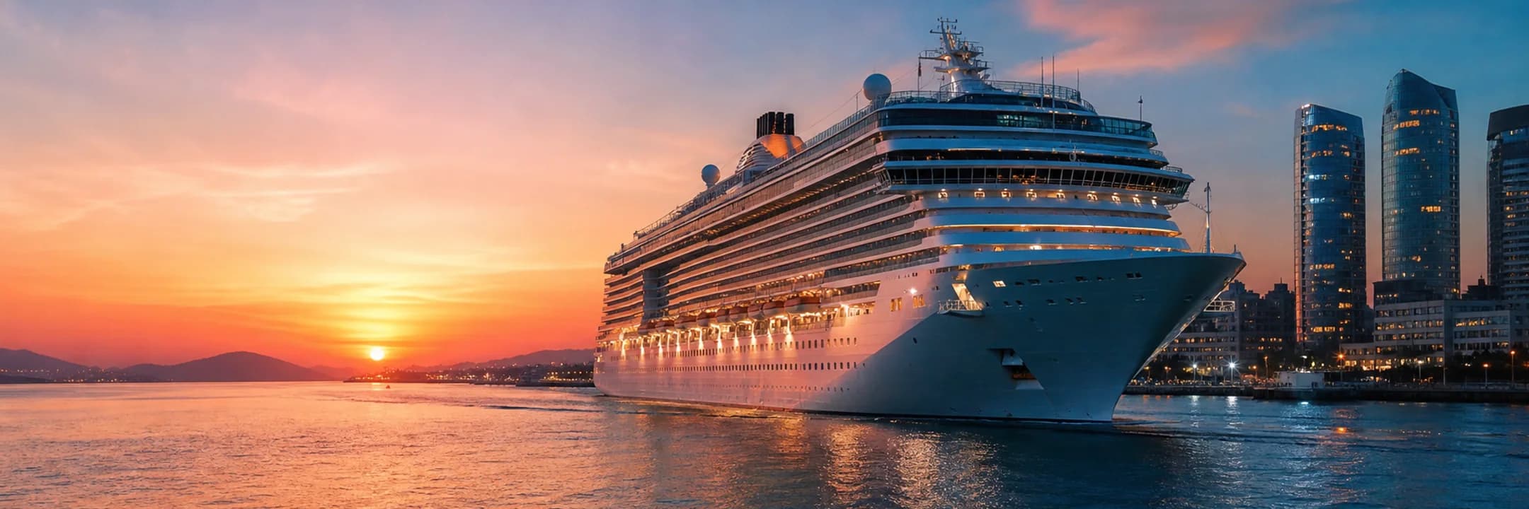 Cruise ship sailing in golden sunset light