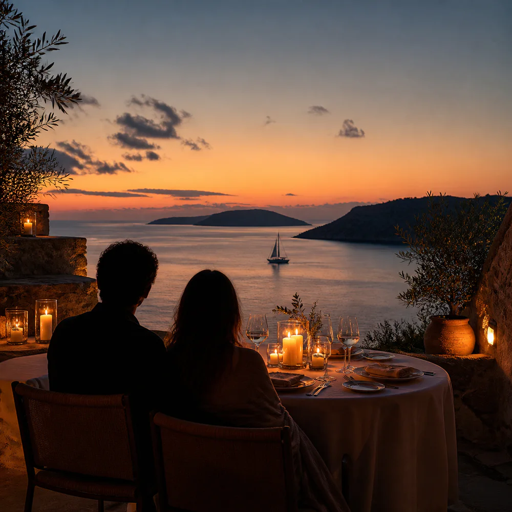 Dinner on a terrace overlooking the Aegean Sea