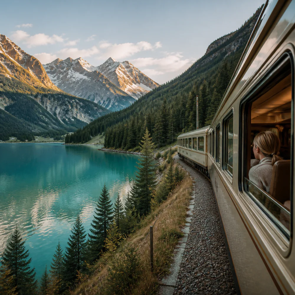Panoramic train beside an Alpine lake