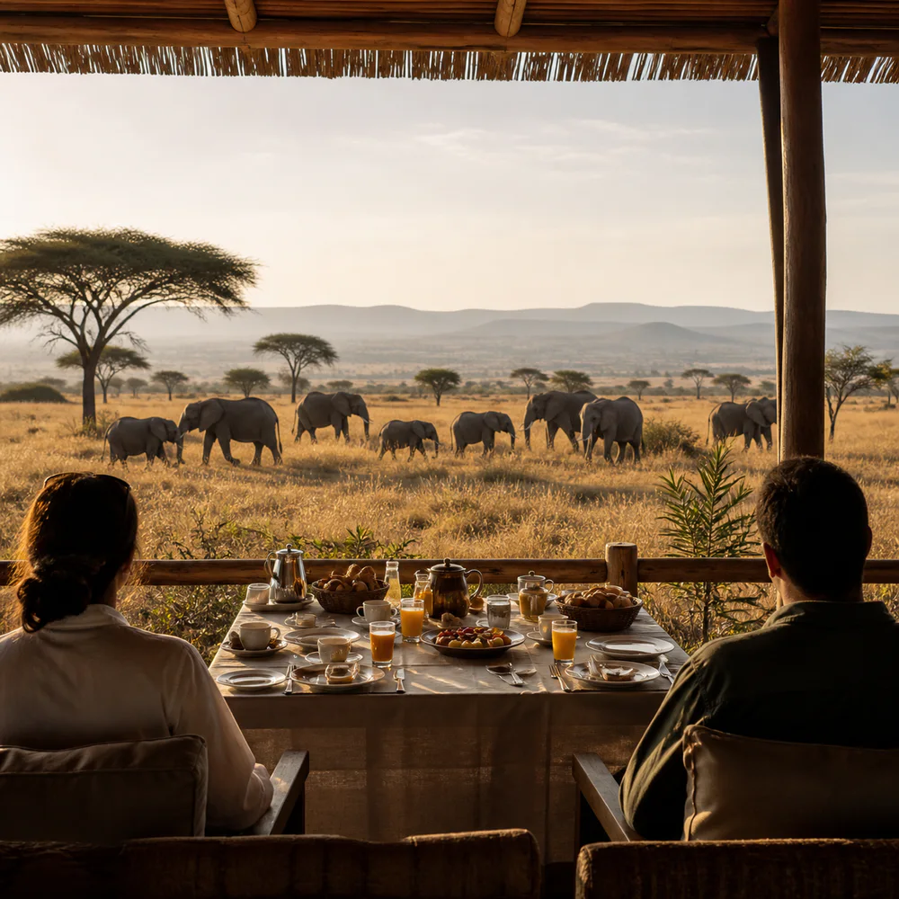 Safari breakfast overlooking elephants in the savanna