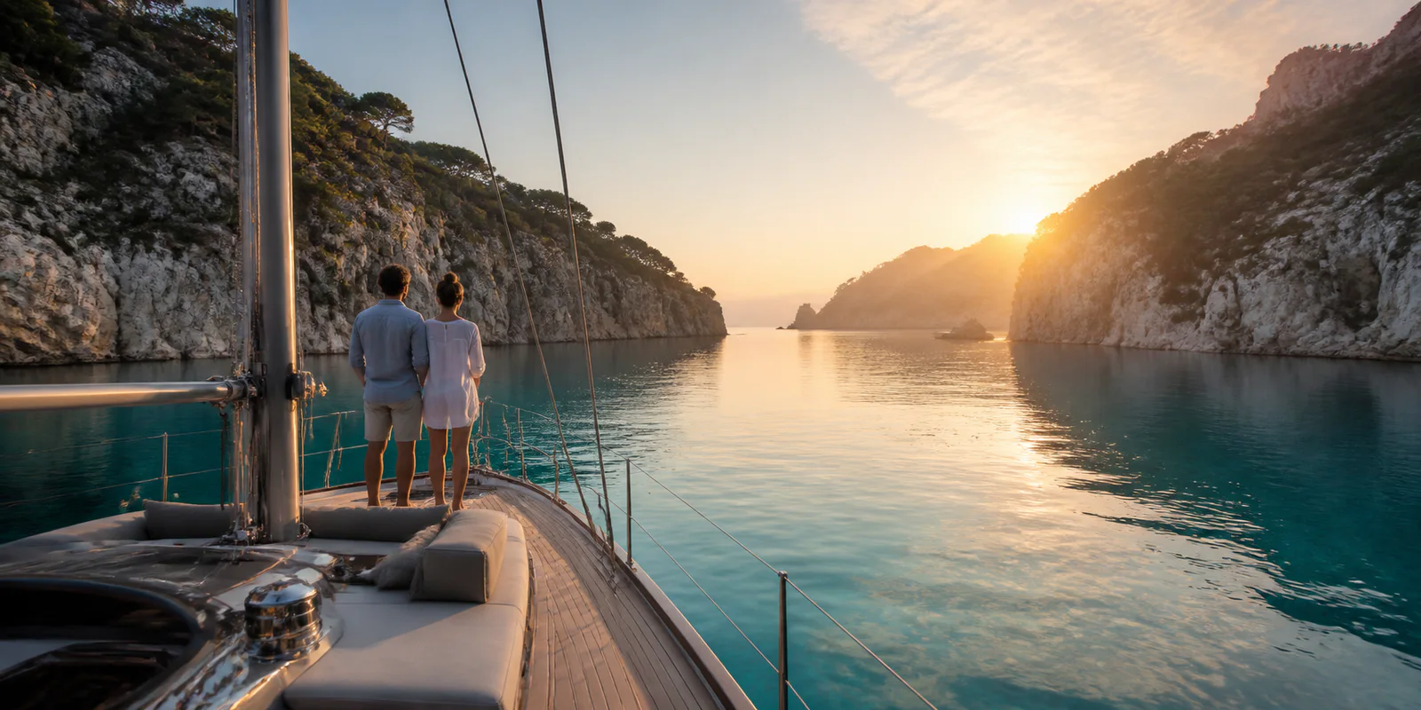 Sailing yacht in a Mediterranean cove at sunrise